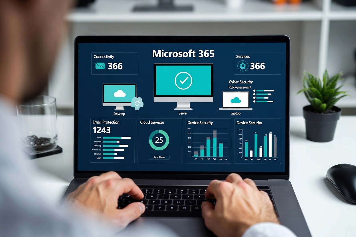 Cybersecurity for small businesses in 2026 showing secure Microsoft 365, ransomware protection and business security controls.